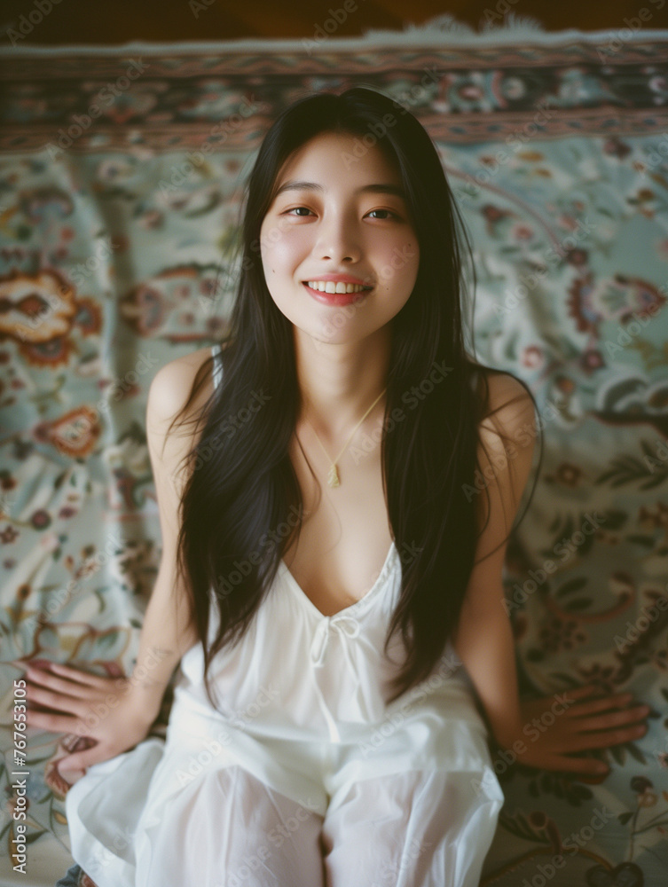 smiling attractive eurasian woman lying on bed from above wearing slinky white chemise smiling attractive eurasian woman lying on bed from above wearing slinky white chemise