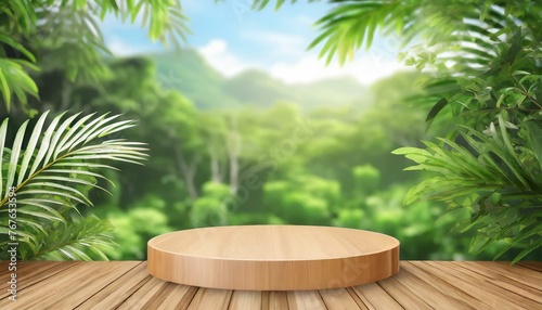 Leafy Elegance  Wood Podium Floor amidst Green Tropical Foliage