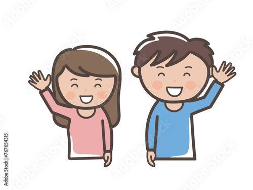 笑顔で元気に挨拶する若い男女の上半身イラスト