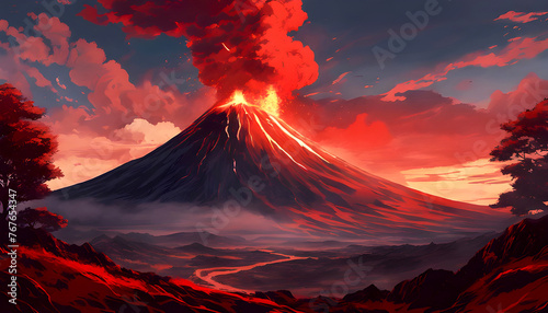 Erupted Volcano with Line of Smoke in Dark Dusk Sky, Anime inspired 