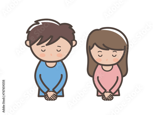 頭を下げてごめんなさいをして謝る若い男女の上半身イラスト