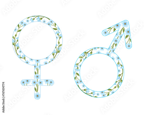 Vector icon of men and women with pattern with small blue flowers