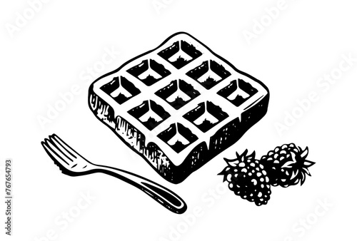 Hand drawn icon illustration in vector. Baked waffle with berries and fork. Isolated on white background.