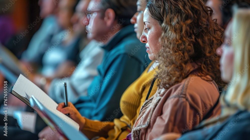 Attentive People Listening and Taking Notes at a Seminar with a Professional Team in Strategy Session and Blurred Faces at a Business Workshop