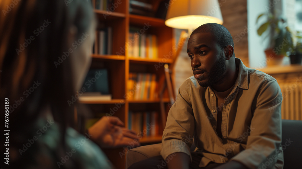 Warm colors and soft lighting that create a comforting black man atmosphere, a bookshelf filled with resource materials in the background.