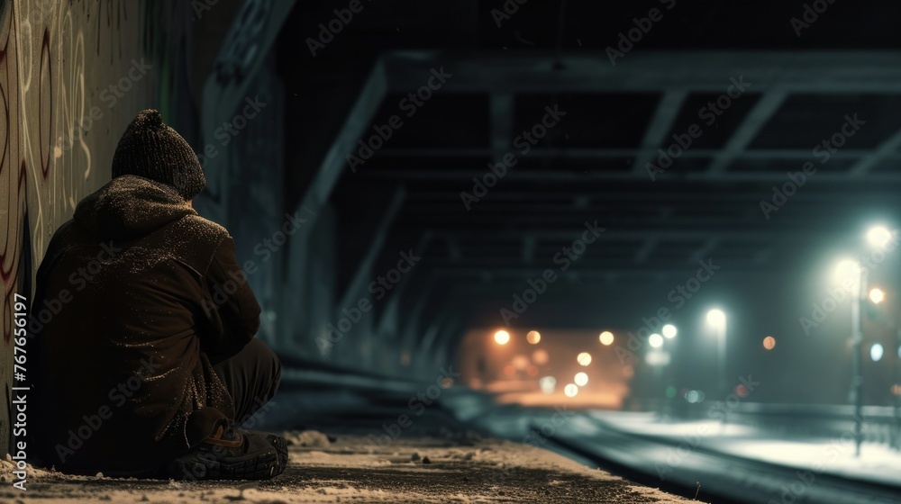 Homeless man prepare to spend the night under a bridge Homeless man prepare to spend the night under a bridge