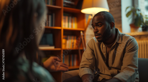 Warm colors and soft lighting that create a comforting black man atmosphere, a bookshelf filled with resource materials in the background. photo