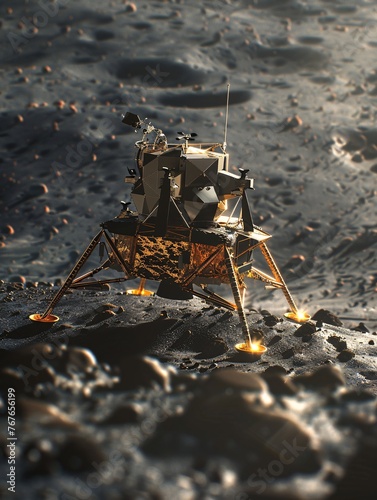 An artistic representation of India's lunar expedition with the spacecraft on the Moon's terrain (3d graphic). photo