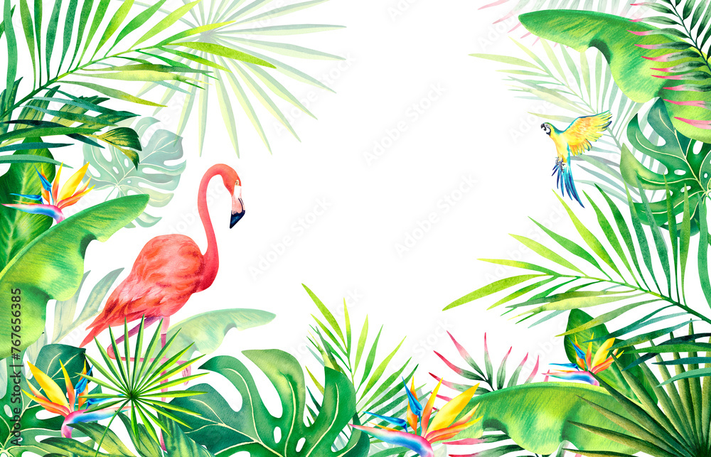 Fototapeta A frame made of palm leaves, banana branches, strelitzia, flamingos and macaws.Tropical plants and birds. Watercolor illustration. Carnival in Brazil. Rio de Janeiro. Summer mood. . Banner.