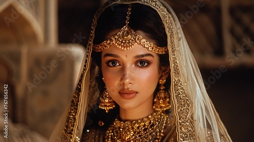 Indian film star donning a traditional garment adorned with a golden jewelry set. photo