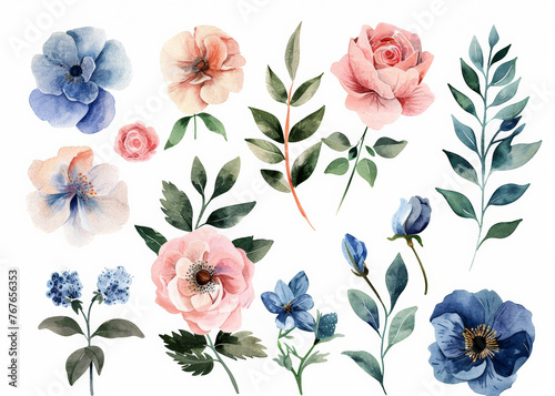 Watercolour floral illustration set DIY blush pink blue flower, green leaves individual elements collection - for bouquets, wreaths, wedding invitations, anniversary, birthday, postcards, greetings, 