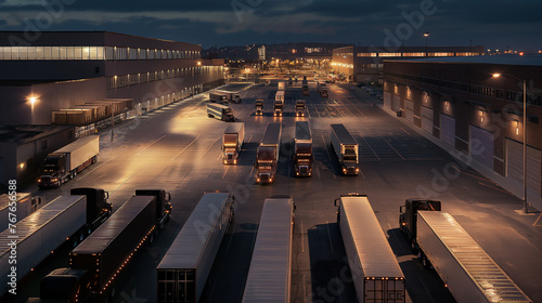  In the well-lit parking lot yard, a convoy of trucks is neatly lined up amidst modern warehouse buildings with sleek architecture photo