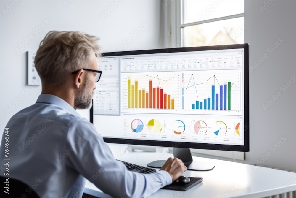 Business man trader big data analyst looking at computer monitor, stock broker analyzing indexes, financial chart trading online on screen Business man trader big data analyst looking at computer monitor, stock broker analyzing indexes, financial chart trading online on screen