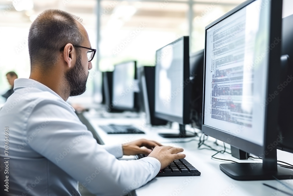 Man at computer, software developer working on coding script or cyber security in bright modern office Man at computer, software developer working on coding script or cyber security in bright modern office