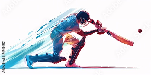 Graphic depiction of a cricketer in motion on a blank background for a tournament advertisement. photo