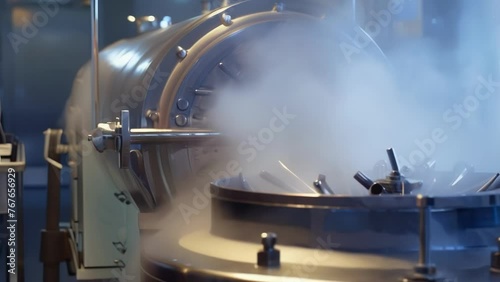 A cloud of steam rising from a large pressurized autoclave as it sterilizes a batch of surgical tools. photo