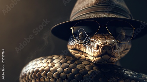 A suave snake wearing a fedora and sunglasses, against a sleek solid background with a touch of noir mystery.