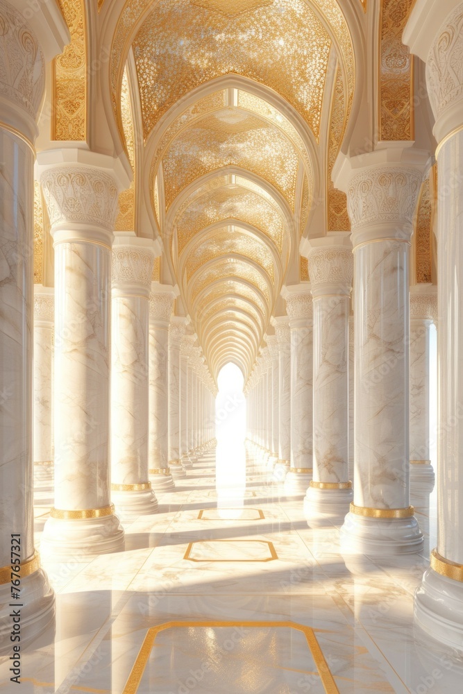 Decorated mosque marble columns on the top with like golden palm in corridor without people inside
