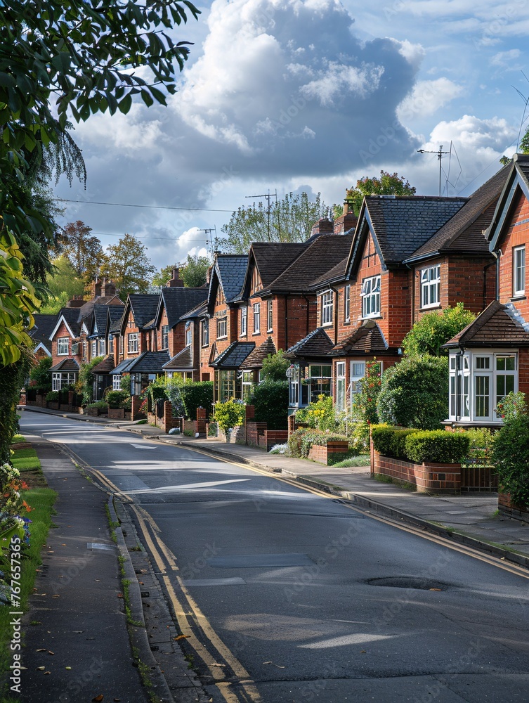Quaint suburban neighborhood lined with rustic brick homes. Quaint suburban neighborhood lined with rustic brick homes.