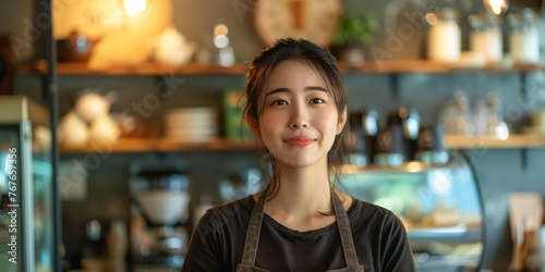 Thriving female entrepreneur of an SME gazes upward while seated in a coffee establishment  embodying the role of a successful barista and local business owner.