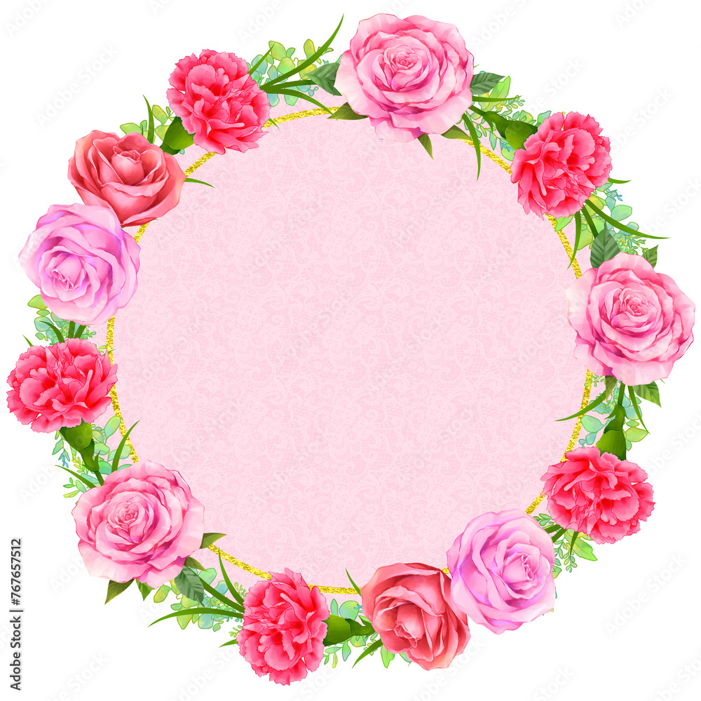 薔薇とカーネーションの円形フレーム　母の日　素材　飾り枠　見出し　囲み　ラベル　丸　タイトル　あしらい　レース　白背景　透過