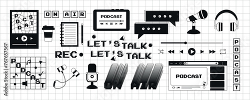 Big set of podcast stickers in a trendy y2k style in a monochrome palette. Old computer aesthetics from the 90s, 00s. Retro PC elements, user interface