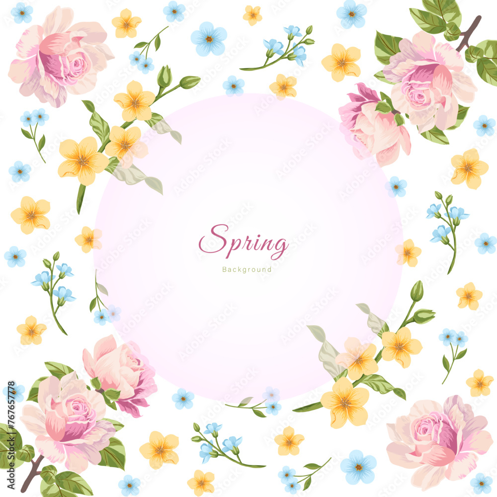 Vector Pink Frame With Flowers,Leaves For Writing