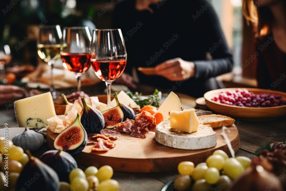 Friends having a wine tasting party in a rustic winery, with varieties of cheeses and figs on a beautifully decorated table