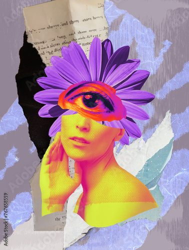 Abstract contemporary art collage portrait of young woman with flowers on face hides her eyes © Solarisys