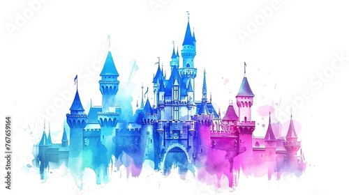 Colorful Illustration of Magic Castle on White Background. Fairy Tale, Watercolor, Gradient, Blue, Cyan, Purple, Pink, Fantasy, Princess, Prince, Art 