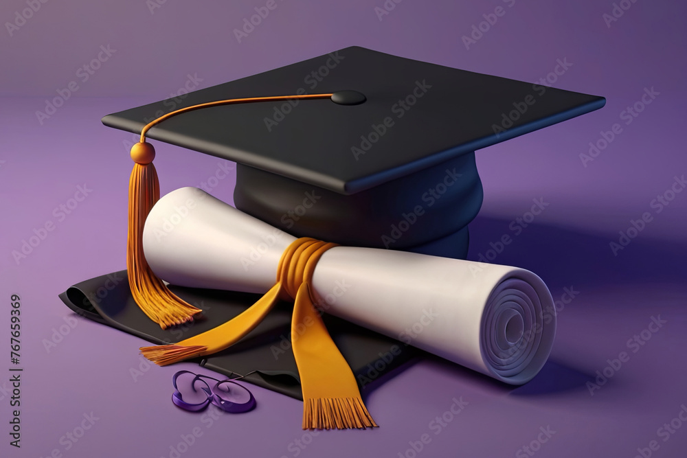 graduation cap and diploma symbolizing online learning. Isolated ...