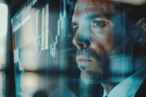 Male stock broker trading online, buying shares on the stock market, watching charts and data on computer screens