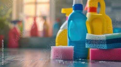 Wallpaper Mural Cleaning set for different surfaces in kitchen, bathroom and other rooms. Empty place for text or logo. Bright yellow background. Spring regular cleanup. Front view. Torontodigital.ca