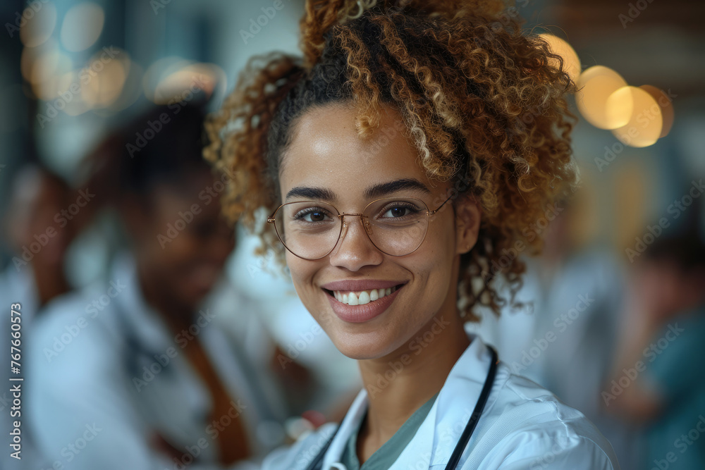 © Nataliia_Trushchenko - A woman with curly hair and glasses is smiling. She is wearing a white lab coat and is posing for a picture. smiling afro doctor with colleagues in background, looking at camera © Nataliia_Trushchenko - A woman with curly hair and glasses is smiling. She is wearing a white lab coat and is posing for a picture. smiling afro doctor with colleagues in background, looking at camera