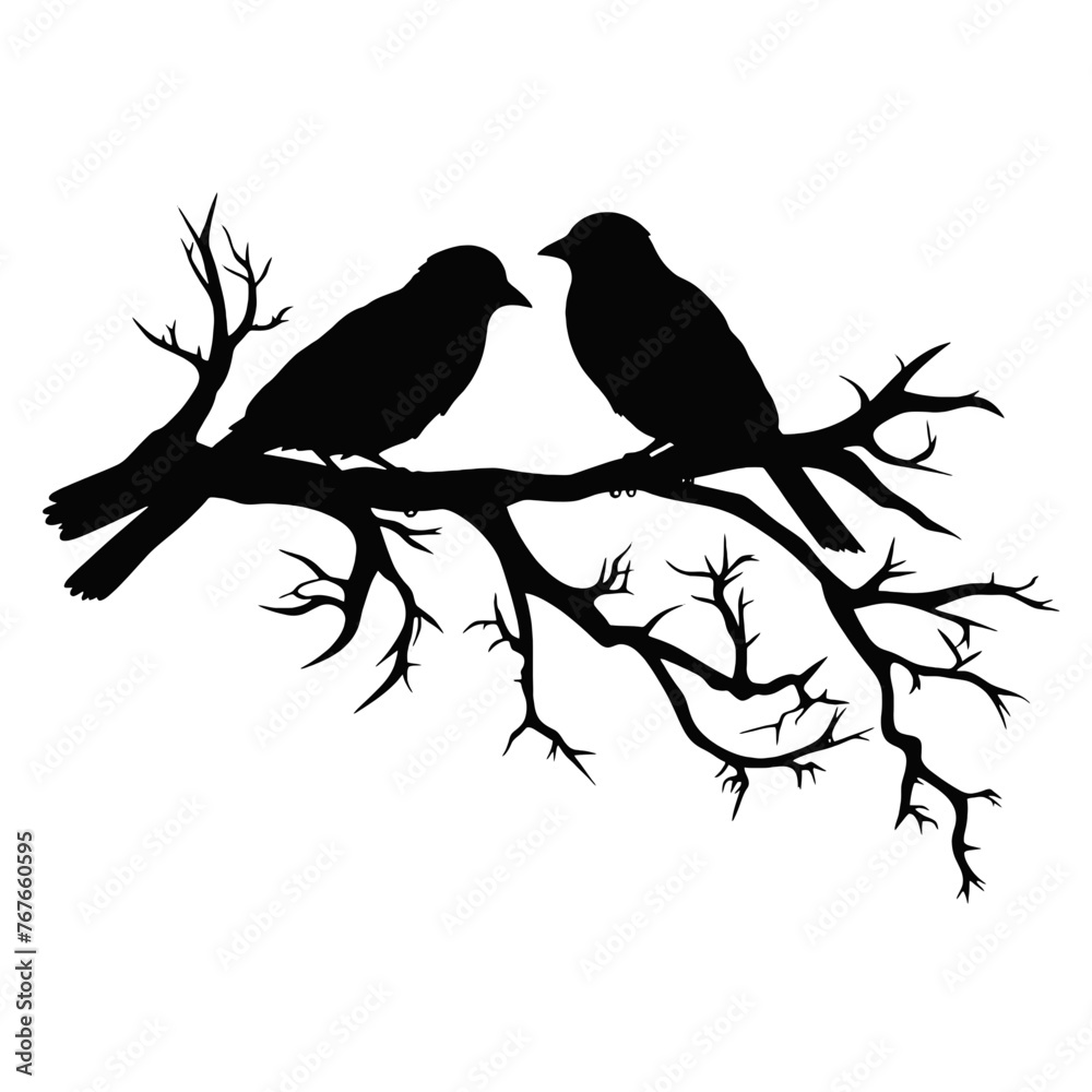 Fototapeta premium Birds on branch tree silhouette in black color. Vector template for tattoo or laser cutting.