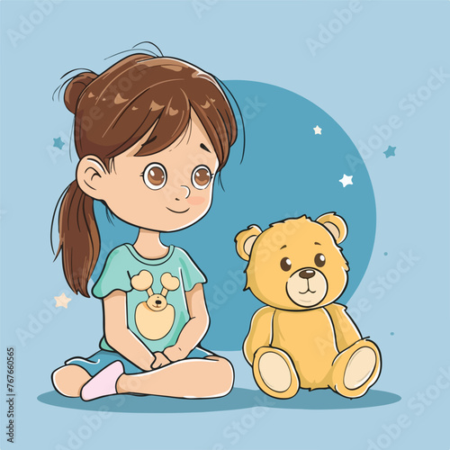 Girl sitting and staring at teddy bear on blue back
