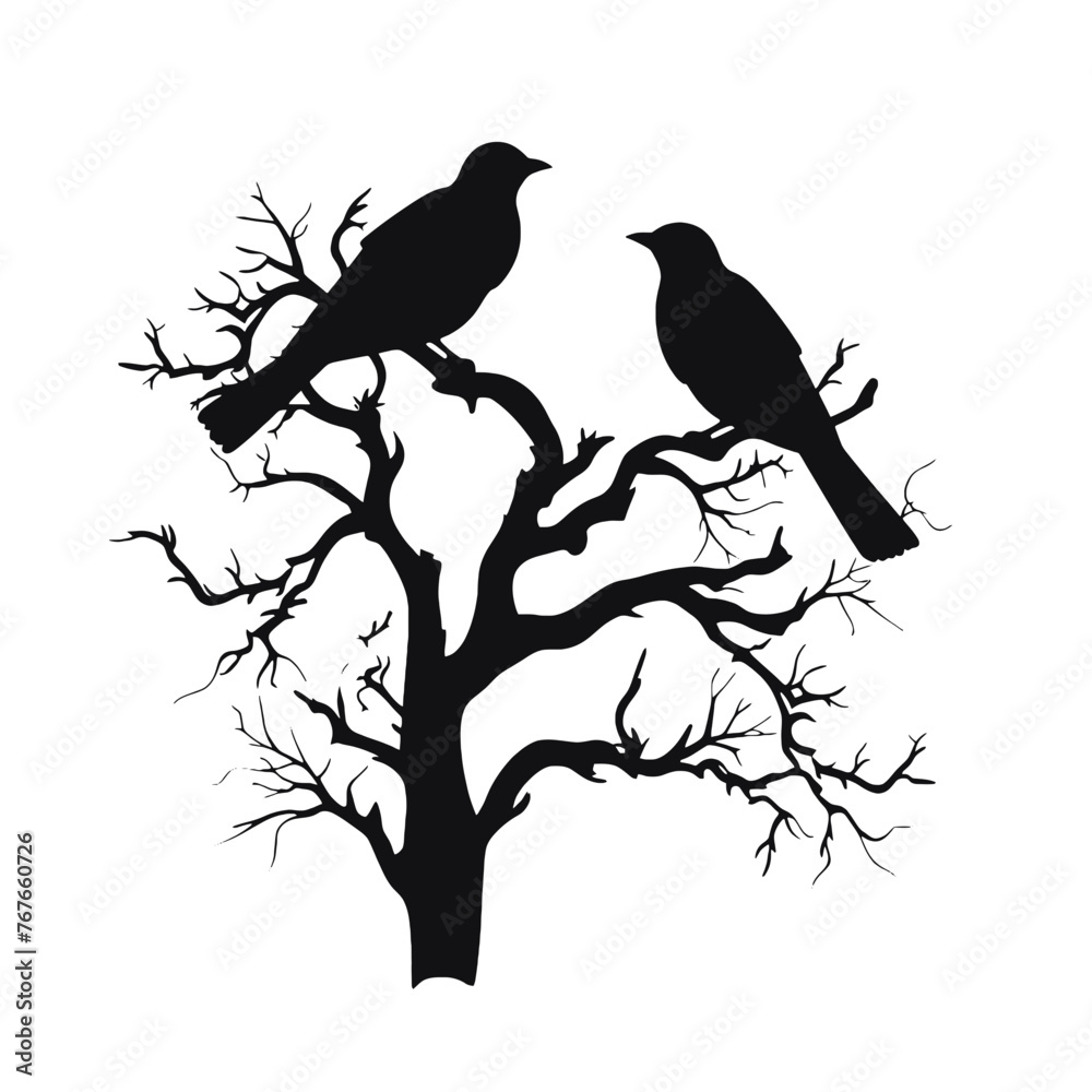 Fototapeta premium Birds on branch tree silhouette in black color. Vector template for tattoo or laser cutting.