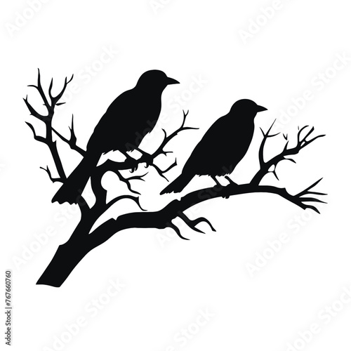 Birds on branch tree silhouette in black color. Vector template for tattoo or laser cutting.