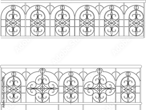 Adobe Illustrator Artwork vector sketch illustration of old classic wrought iron fence railing design, vintage floral ornament 