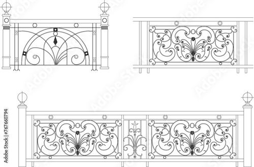 Adobe Illustrator Artwork vector sketch illustration of old classic wrought iron fence railing design, vintage floral ornament