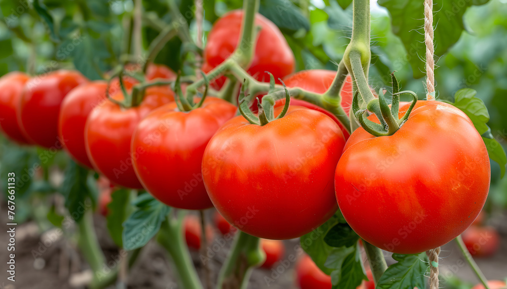 Fresh tomatoes, a staple food, growing naturally on vines in a greenhouse