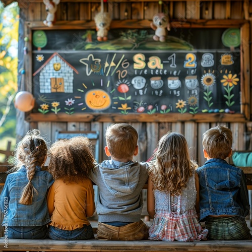 A classroom scene with kids and a chalkboard illustrating simple saving strategies, encouraging early financial education no contrast