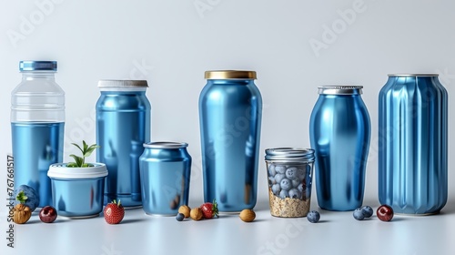 a collection of empty blue packages of various products on a light background