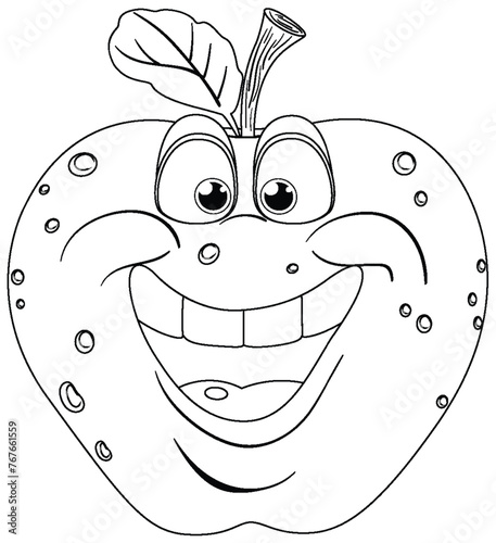 Black and white illustration of a smiling strawberry.