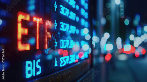 ETF glowing text on blurred background. Business, finance, crypto currency market concept