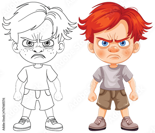 Color and outline of a cartoon boy looking angry