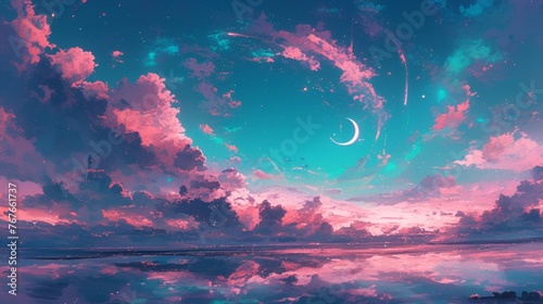 Anime pink sky background, art, manga © IMAGE