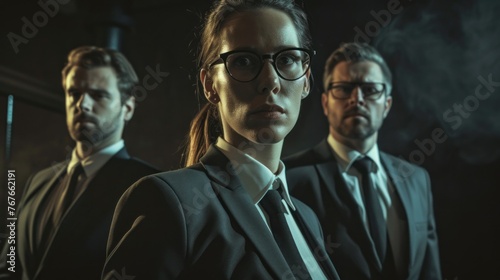 Portrait of successful happy business team posing at office lobby. Dark background