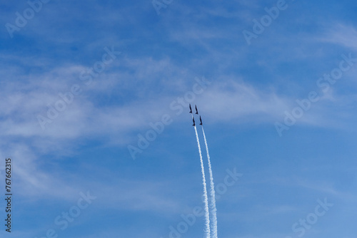 Patrouille Suisse doing aerobatics at Swiss Army exhibition at training ground of Swiss City of Kloten on a sunny summer day. Photo taken August 18th, 2023, Zurich Kloten, Switzerland.