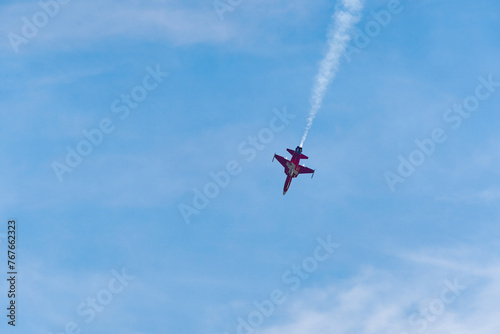 Patrouille Suisse doing aerobatics at Swiss Army exhibition at training ground of Swiss City of Kloten on a sunny summer day. Photo taken August 18th, 2023, Zurich Kloten, Switzerland.